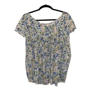 LC Lauren Conrad Blue and White Pleated Short Sleeve Blouse